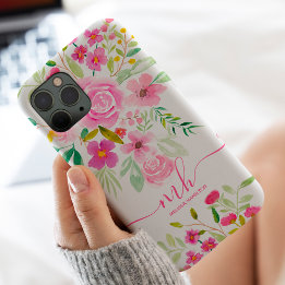Case-Mate iPhone Case Monogramme moderne d'aquarelle vert girly rose