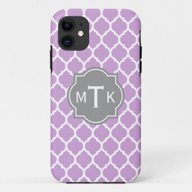 Coques Case-Mate iPhone Monogramme moderne gris et Lilac Motif treillis (Dos)
