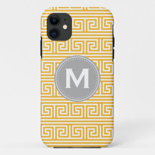 Coque iPhone 11 Monogramme Moderne Jaune Clé grecque Motif