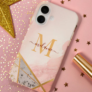Coque Pour iPhone 16 monogramme moderne luxe rose brillant