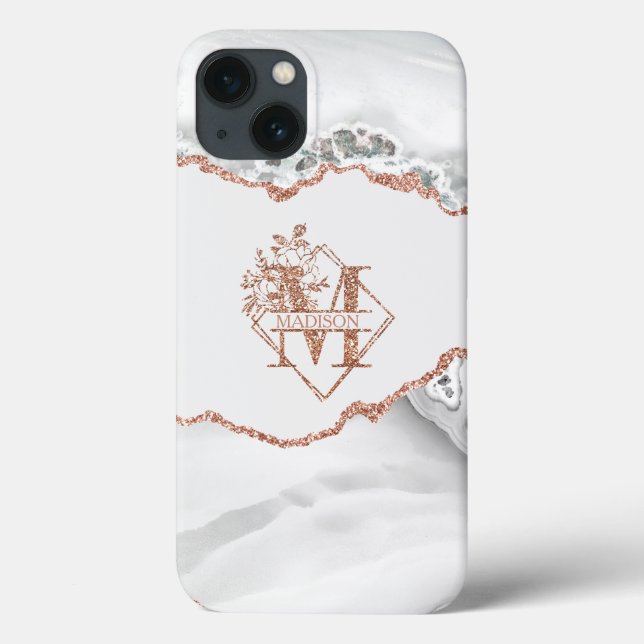 Coques Case-Mate iPhone Monogramme moderne M Blanc Agate Marbre Rose Or (Verso)