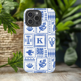 Coque iPhone 16 Pro Max Monogramme Moderne Motif Abstrait Bleu Blanc