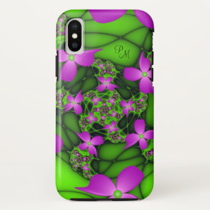 Coques Pour iPhone Monogramme moderne Neon Rose Vert Fleurs fractales