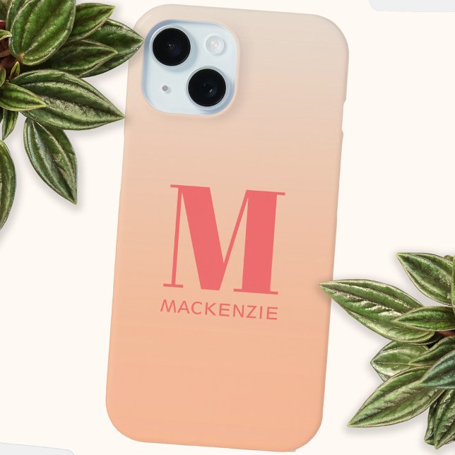 Coques Case-Mate iPhone Monogramme moderne Nom initial Turquoise Aqua Grad (Peach gradient modern monogram initial name personalized cell phone case)