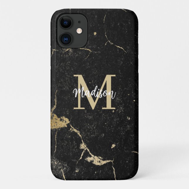 Coques Case-Mate iPhone Monogramme moderne or noir marbre (Dos)