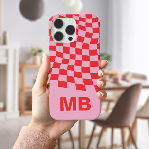 Coque iPhone 16 Pro Max Monogramme moderne rose rouge vif À damiers Motif