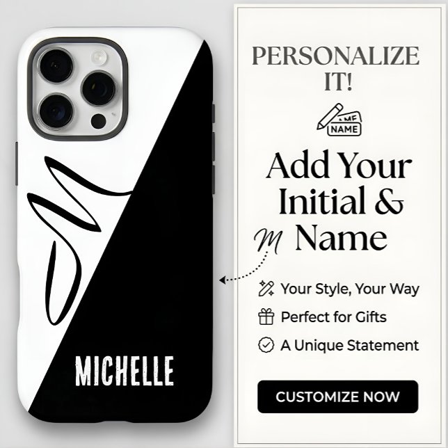 Coques Case-Mate iPhone Monogramme Moderne Séparé Noir & Blanc Nom Personn (Créateur téléchargé)