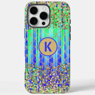 Coque iPhone 16 Pro Max Monogramme Moderne Sirène Paillettes Vert Bleu