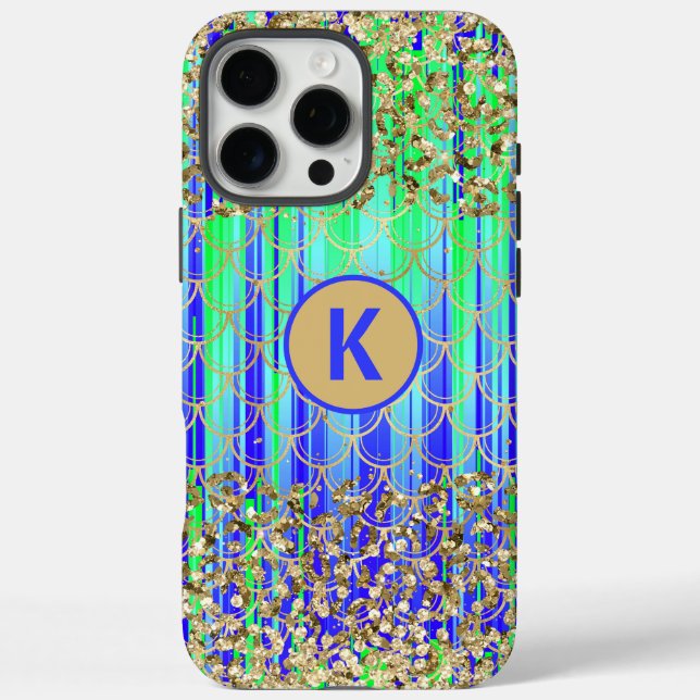Coques Case-Mate iPhone Monogramme Moderne Sirène Paillettes Vert Bleu (Verso)