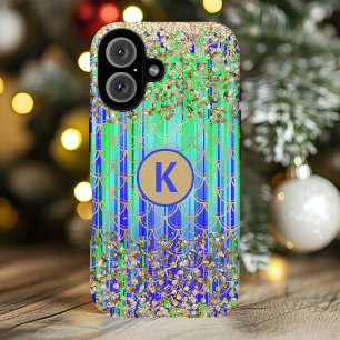 Coque Pour iPhone 16 Monogramme Moderne Sirène Paillettes Vert Bleu