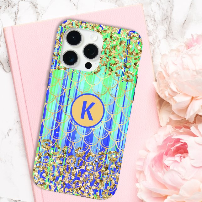 Coques Case-Mate iPhone Monogramme Moderne Sirène Paillettes Vert Bleu (Créateur téléchargé)