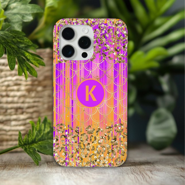 Coques Case-Mate iPhone Monogramme Moderne Sirène Paillettes Violet Orange (Créateur téléchargé)