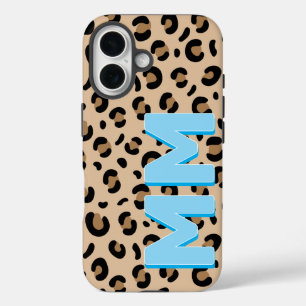Coque Pour iPhone 16 Monogramme moderne Tan Empreinte de léopard Blue S