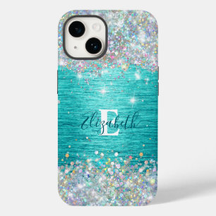 Coque Case-Mate iPhone Monogramme moderne Turquoise Holographique Faux Pa