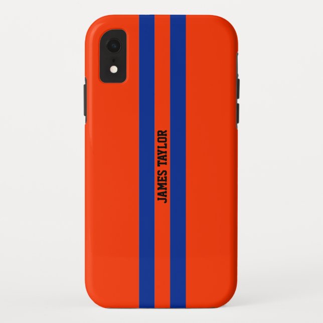 Coques Case-Mate iPhone Monogramme motif à rayures orange et bleu (Dos)
