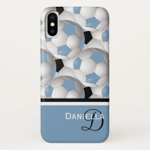 Coque iPhone X Monogramme Motif de ballon de soccer noir bleu cla