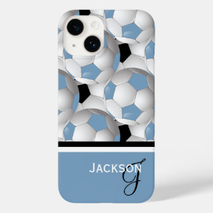 Coques Pour iPhone Monogramme Motif de ballon de soccer noir bleu cla