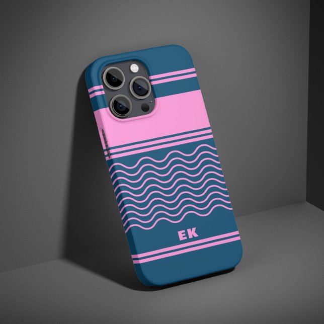 Coques Case-Mate iPhone Monogramme Motif de bandes ondulées bleu et rose (Créateur téléchargé)