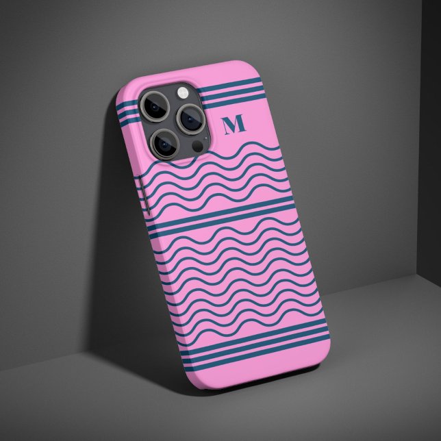 Coques Case-Mate iPhone Monogramme Motif de bandes ondulées bleu et rose (Créateur téléchargé)