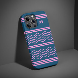 Coque iPhone 16 Pro Monogramme Motif de bandes ondulées bleu et rose