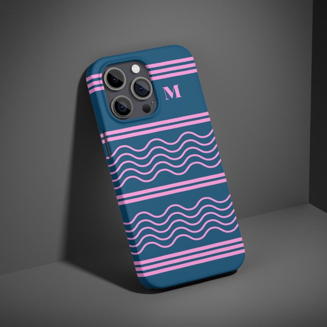Coques Case-Mate iPhone Monogramme Motif de bandes ondulées bleu et rose (Créateur téléchargé)