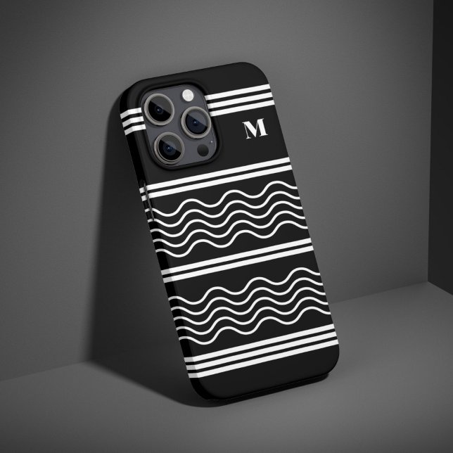 Coques Case-Mate iPhone Monogramme Motif de bandes ondulées noir et blanc (Créateur téléchargé)