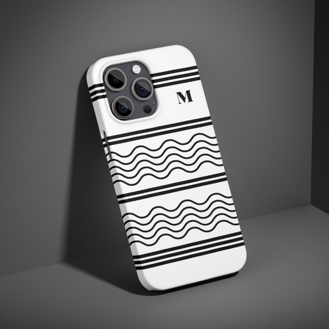 Coques Case-Mate iPhone Monogramme Motif de bandes ondulées noir et blanc (Créateur téléchargé)