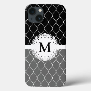 Etui iPhone 13 Monogramme - Motif de dentelle noir et blanc éléga