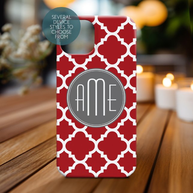 Coques Case-Mate iPhone Monogramme Motif de Quatrefoil rouge et gris (Personalized Phone Case with Monogram)