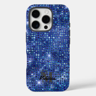 Coque iPhone 16 Pro Monogramme Motif doré bleu moderne