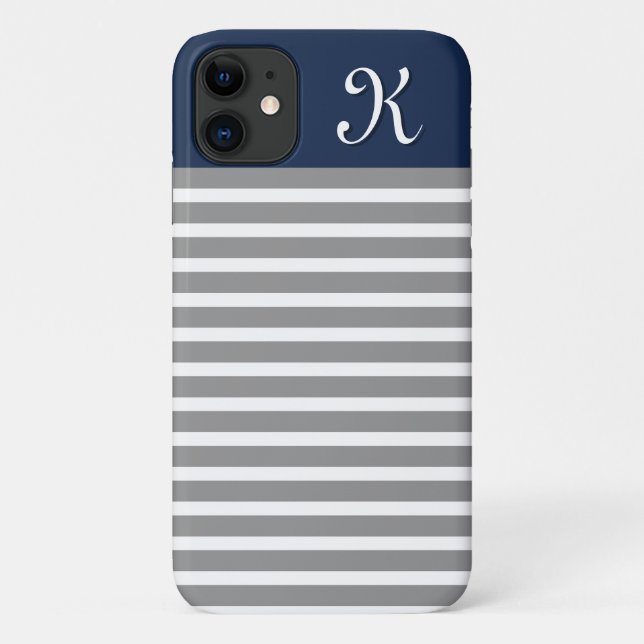 Coques Case-Mate iPhone Monogramme Motif rayé gris et marine (Dos)