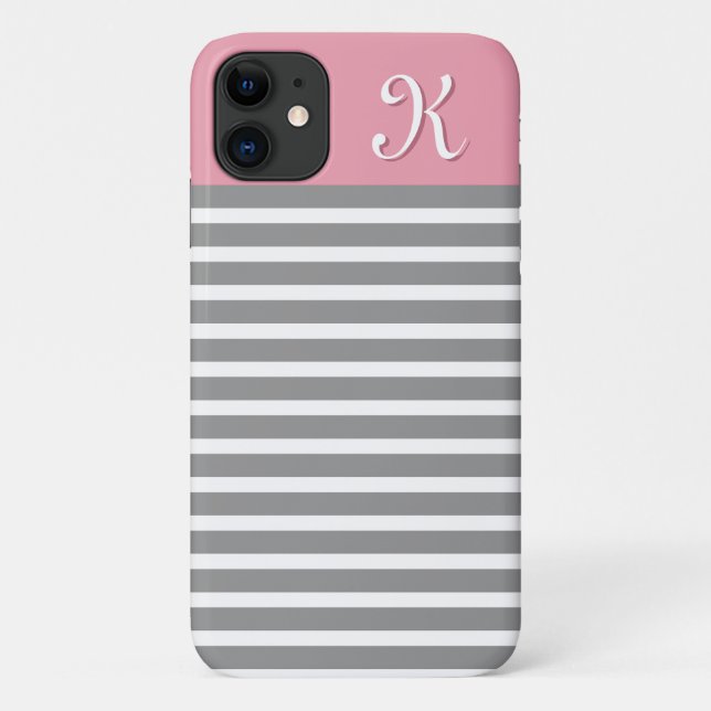 Coques Case-Mate iPhone Monogramme Motif rayé gris et rose (Dos)
