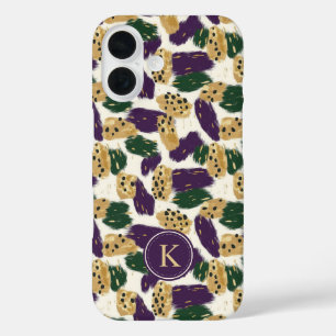 Coque Pour iPhone 16 Monogramme Motif vert violet or brosses