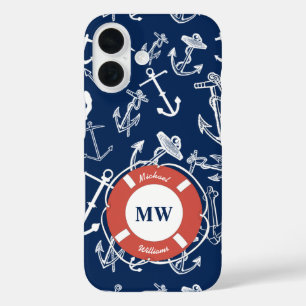 Coque Pour iPhone 16 Monogramme nautique Ancre bleu marine Motif