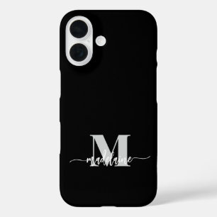 Coque Pour iPhone 16 Monogramme noir argent blanc personnel
