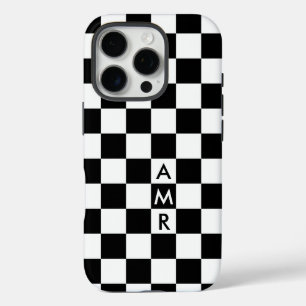Coque iPhone 16 Pro Monogramme noir blanc À damiers Motif