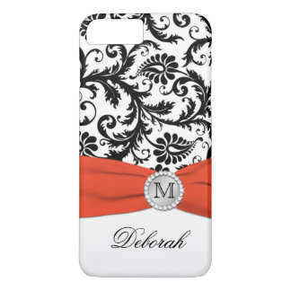 Coques Pour iPhone Monogramme noir, blanc, orange Damask iPhone 7 Coq