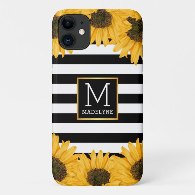 Coques Case-Mate iPhone Monogramme Noir blanc rayé tournesol Or (Dos)