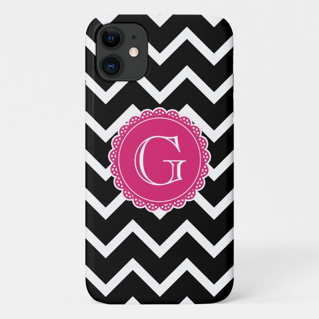 Coques Case-Mate iPhone Monogramme noir Chevron rose chaud (Dos)