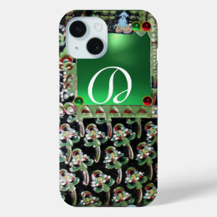 Coque Pour iPhone 15 MONOGRAMME NOIR D'ART VERT NOUVEAU, Jade