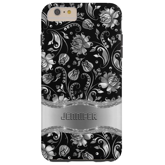 Coques Case-Mate iPhone Monogramme Noir et argent Damas florales (Dos)