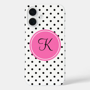 Coques iPhone 16 Monogramme noir et blanc Polka point avec rose cha