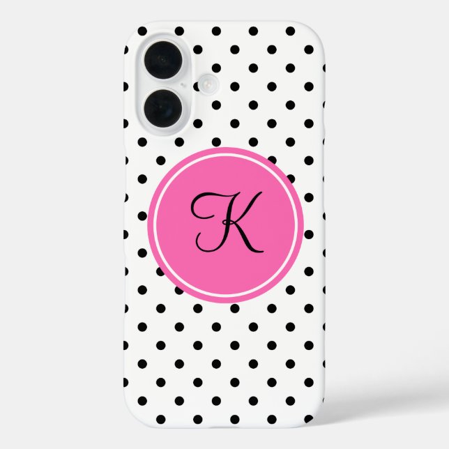 Coques Case-Mate iPhone Monogramme noir et blanc Polka point avec rose cha (Verso)