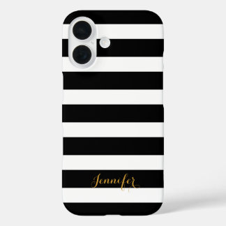 Coques iPhone 16 Monogramme noir et or classique rayures