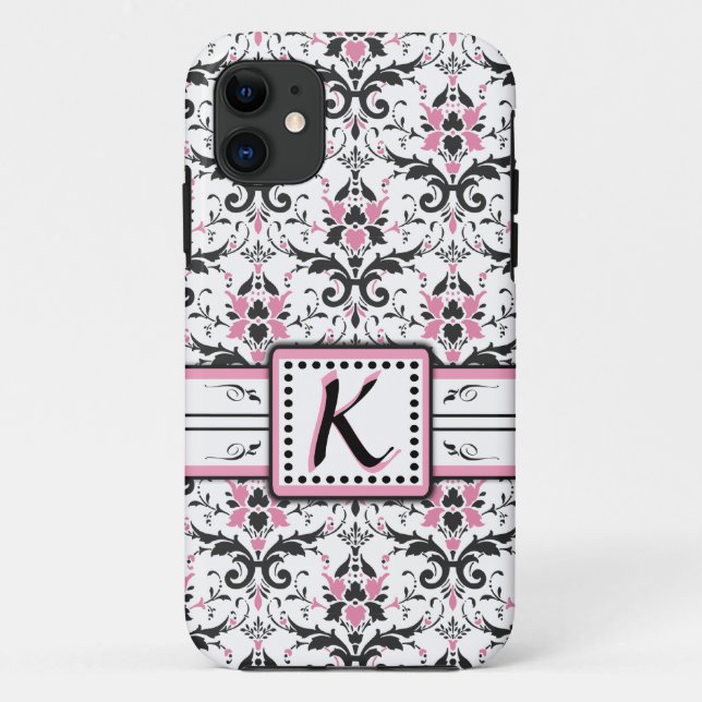Coques Case-Mate iPhone Monogramme noir et rose de damassé (Dos)