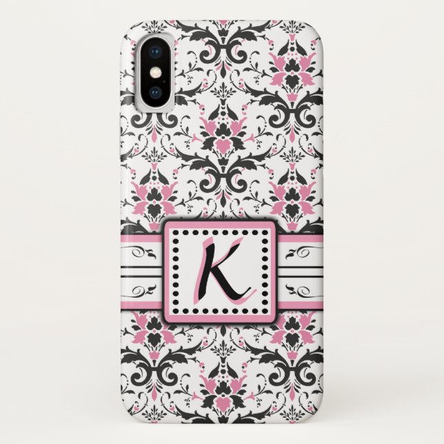 Coques Case-Mate iPhone Monogramme noir et rose de damassé (Dos)