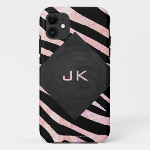 Coques Pour iPhone Monogramme noir et rose Zebra