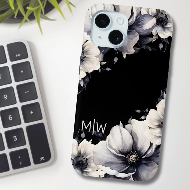 Coques Case-Mate iPhone Monogramme noir floral (Chic Elegant Modern Floral Black White Monogram Case-Mate iPhone Case)