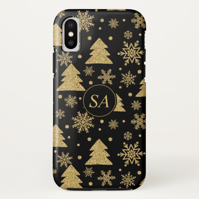 Coques Case-Mate iPhone Monogramme Noir Golden Christmas Tree Flèches de n (Dos)