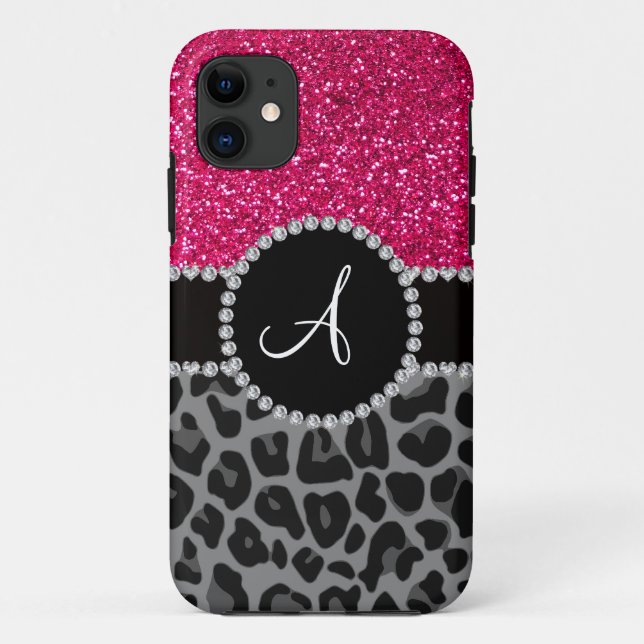 Coques Case-Mate iPhone Monogramme noir léopard rose parties scintillant (Dos)